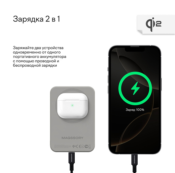 Беспроводной внешний аккумулятор Magssory Pride 5000 мАч, с поддержкой Qi2